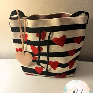 Striped Heart Tote Bag in Black, Cream & Red with Pink Heart Charm